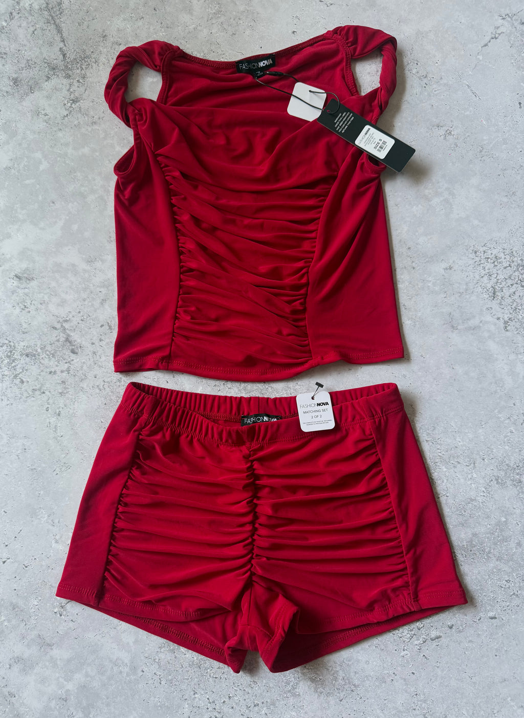 Fashion Nova Red Ruched Tank & Shorts Set