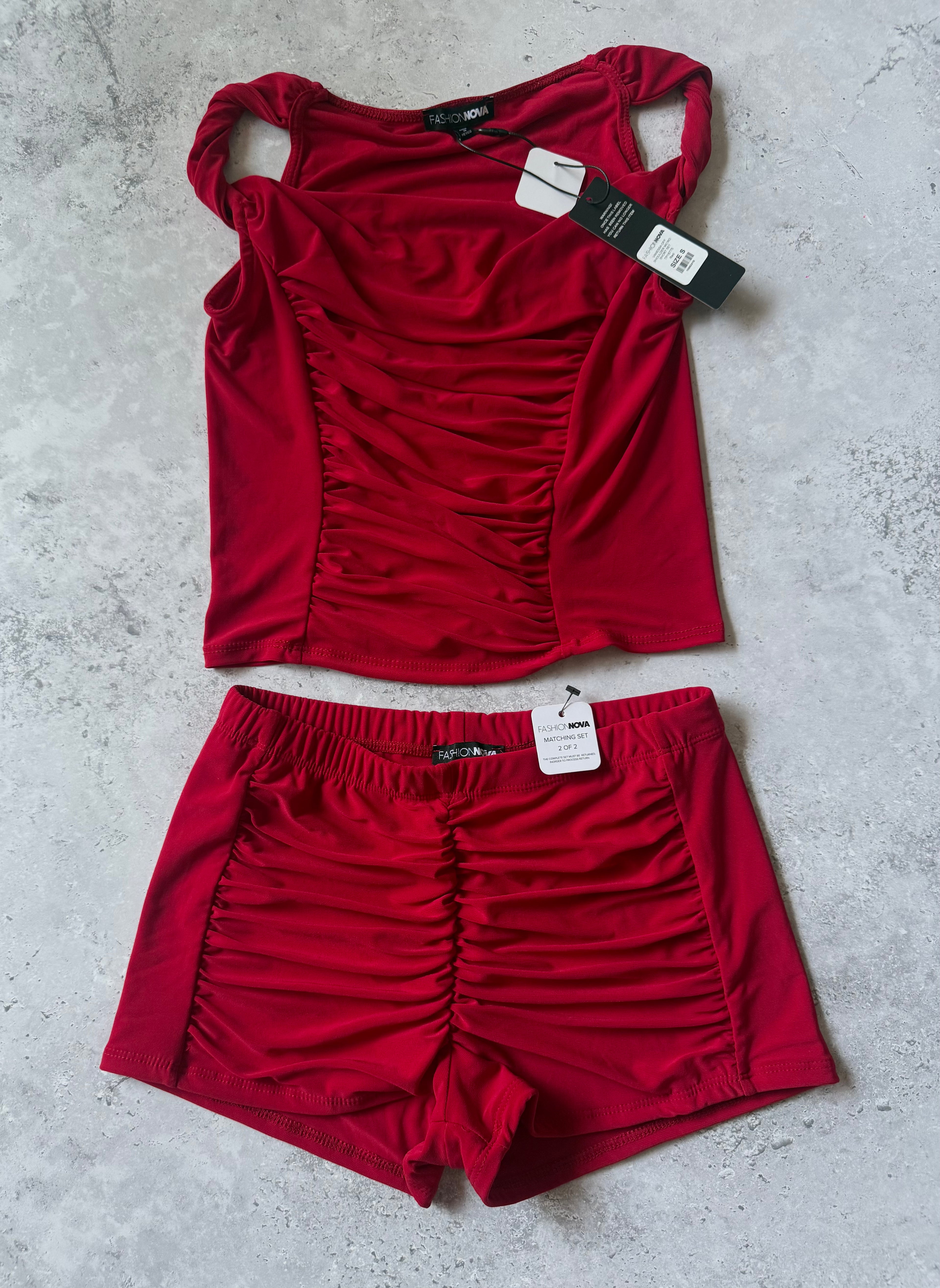 Fashion Nova Red Ruched Tank & Shorts Set