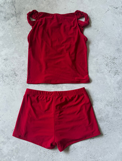 Fashion Nova Red Ruched Tank & Shorts Set